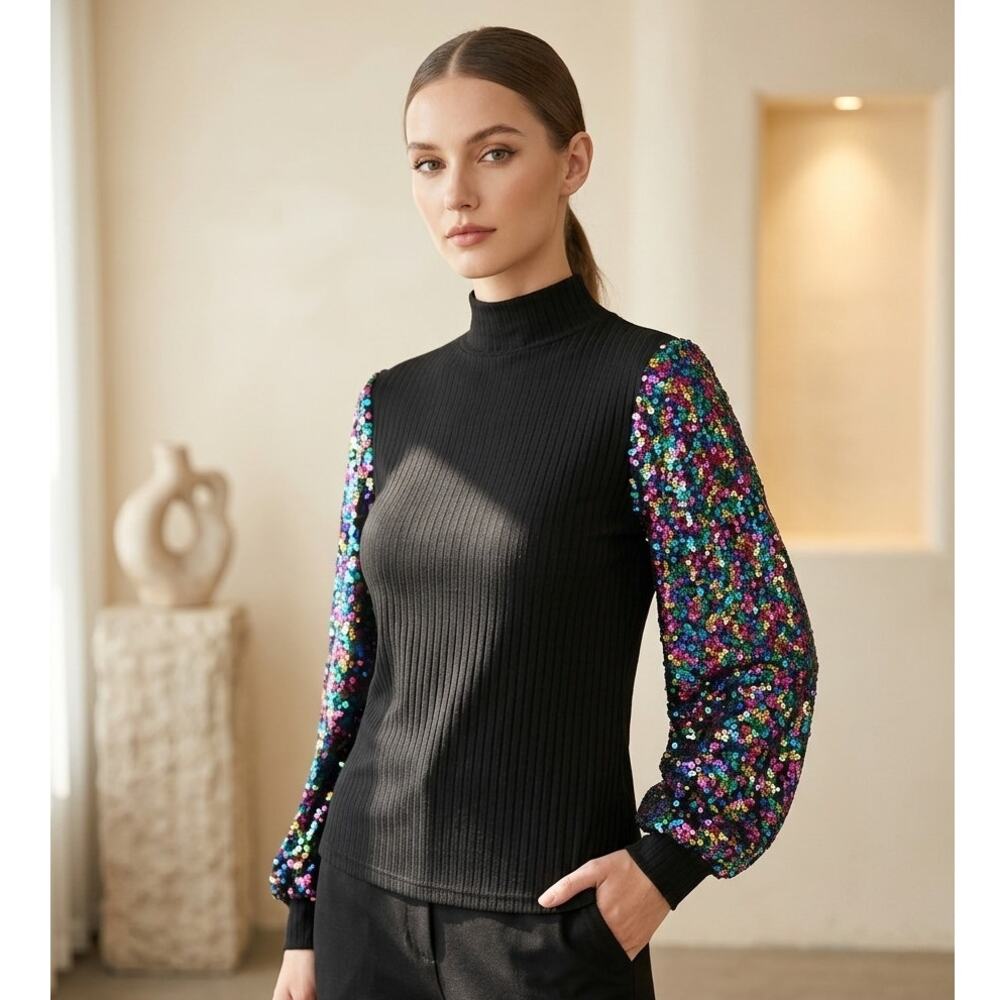 Sequin Top Womens M Black Rainbow Sparkle Ribbed Blouse